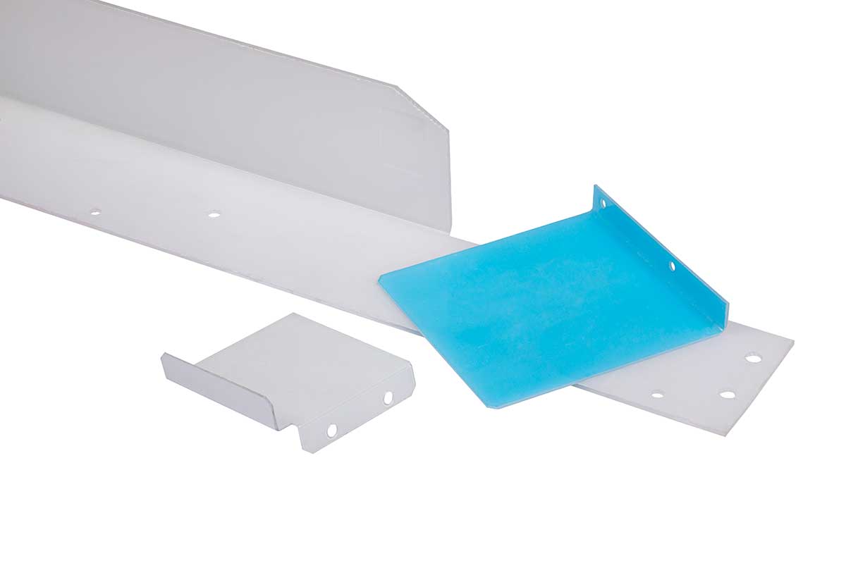 White and blue metal brackets with holes arranged on a white surface.