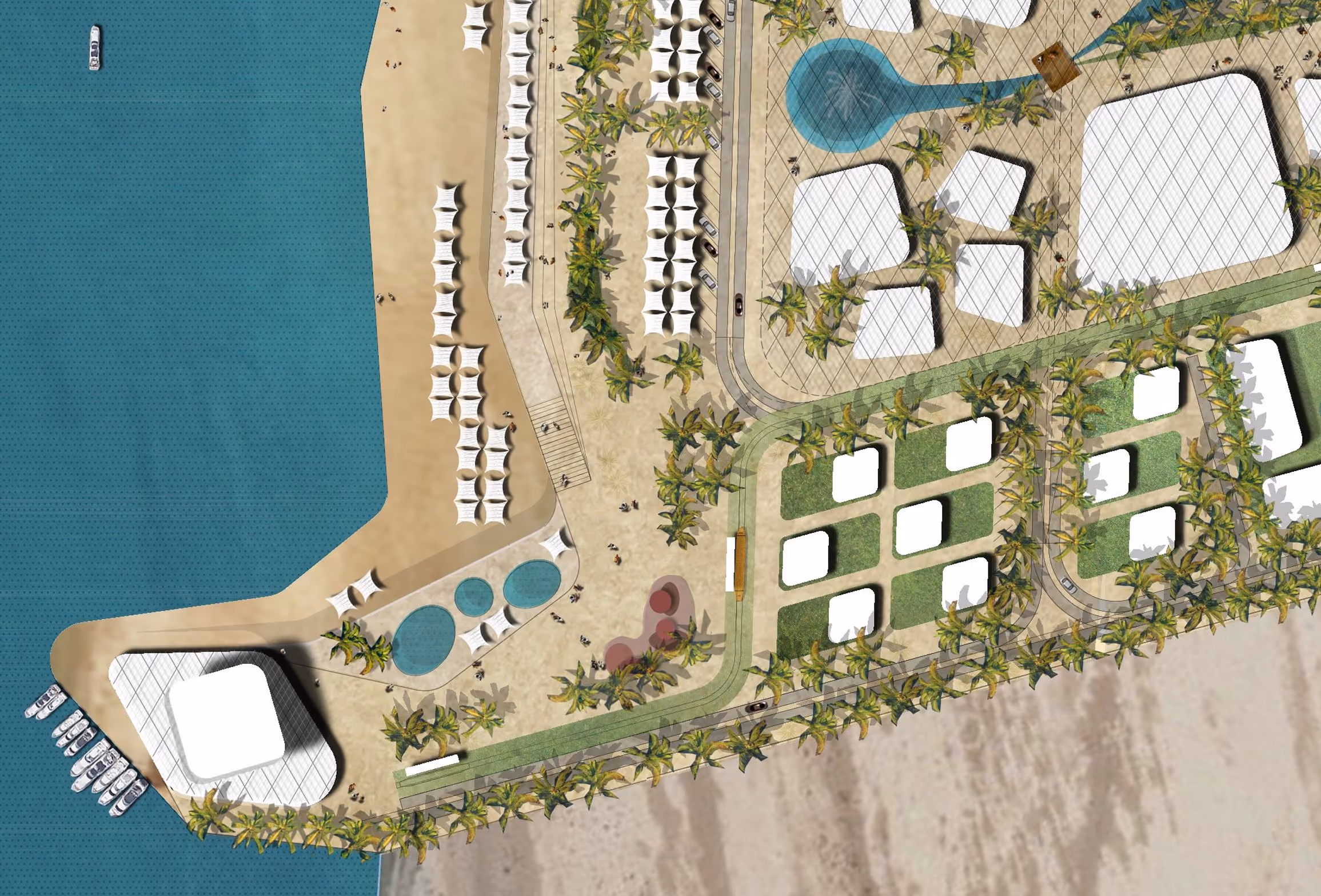 Plano maestro en vista aérea de un desarrollo turístico frente al mar, que incluye hoteles, villas, piscinas, zonas ajardinadas, palmerales y una marina con muelles para embarcaciones. El conjunto está distribuido en bloques geométricos entre canales de agua y senderos peatonales, con acceso desde una carretera en el extremo derecho y una playa en el lado izquierdo.
