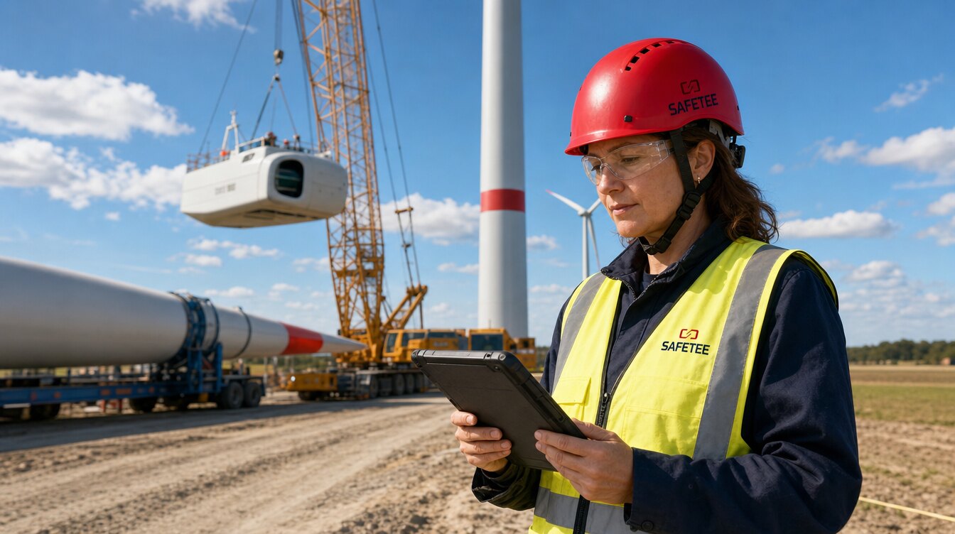 HSE manager with a tablet on a wind farm construction site, a crane lifting the nacelle behind her