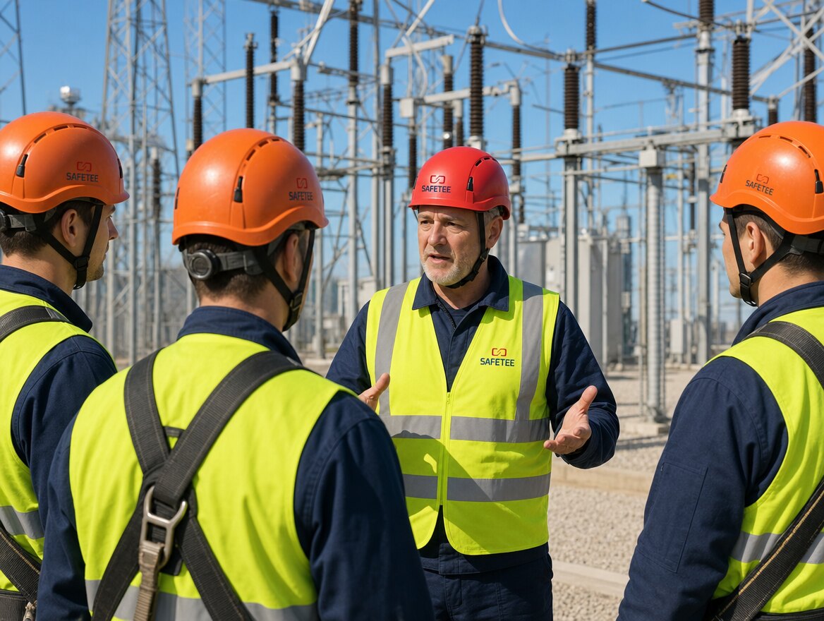 Toolbox talk: an HSE manager explains the day's hazards to four technicians in front of a substation
