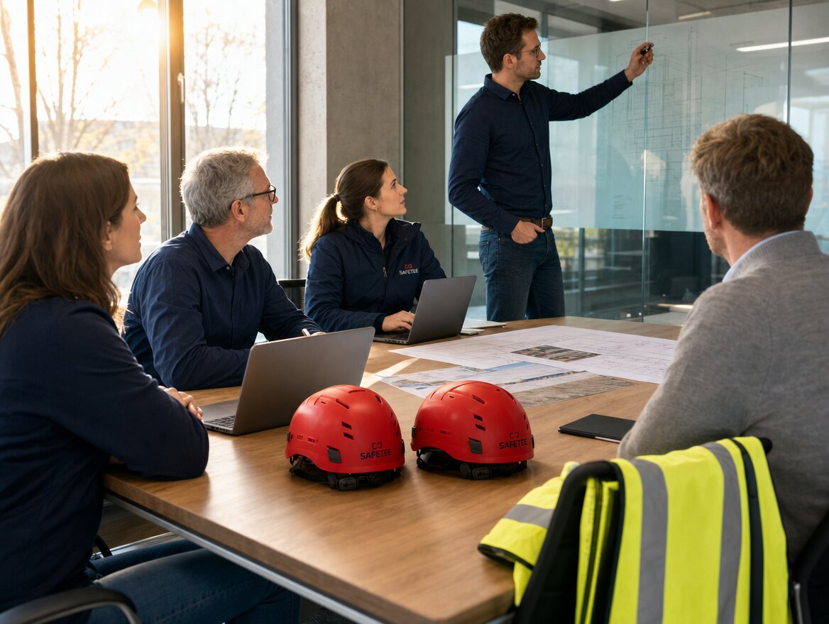 Meeting over site plans, safety helmets on the table