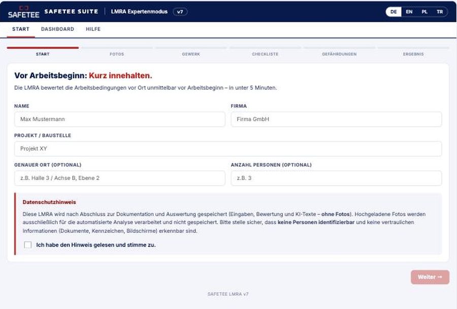 SAFETEE Digitale LMRA — echter Blick in die App