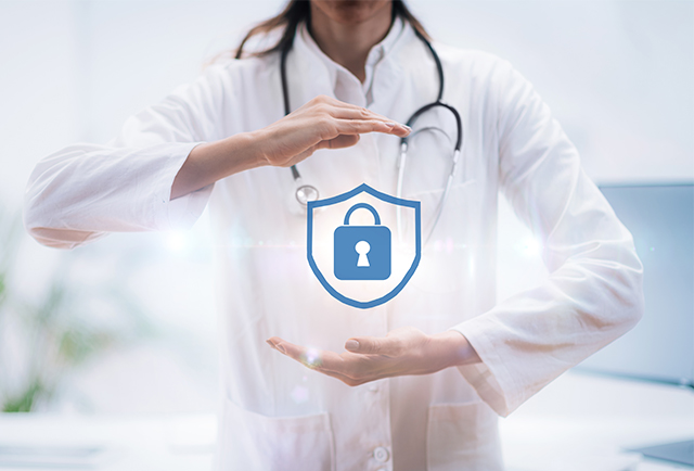 Doctor holding floating secure portal symbol