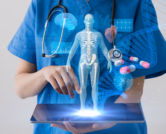 Doctor holding tablet that is displaying 3 dimensional healthcare images