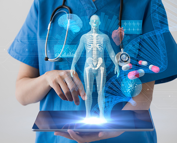 Doctor holding tablet that is displaying 3 dimensional healthcare images