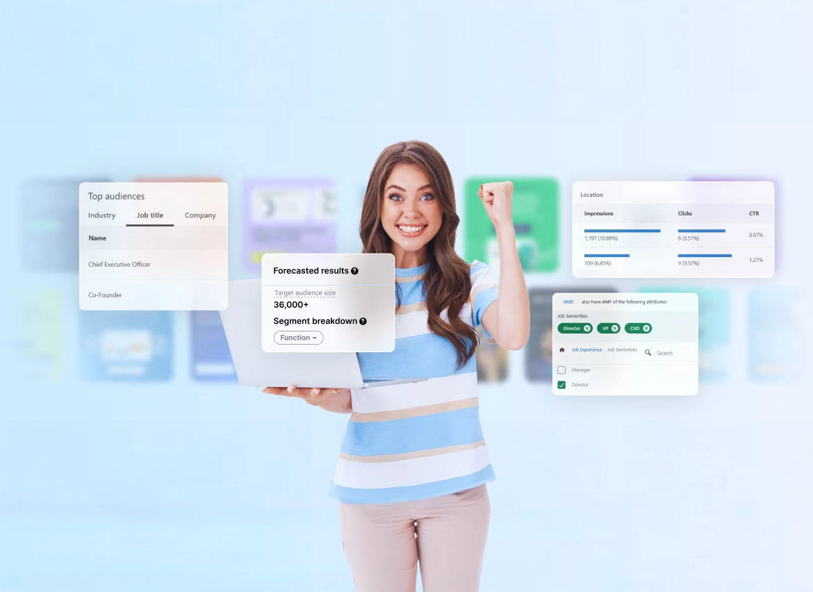 Smiling woman cheering while holding a laptop, framed by audience-targeting and analytics dashboard panels