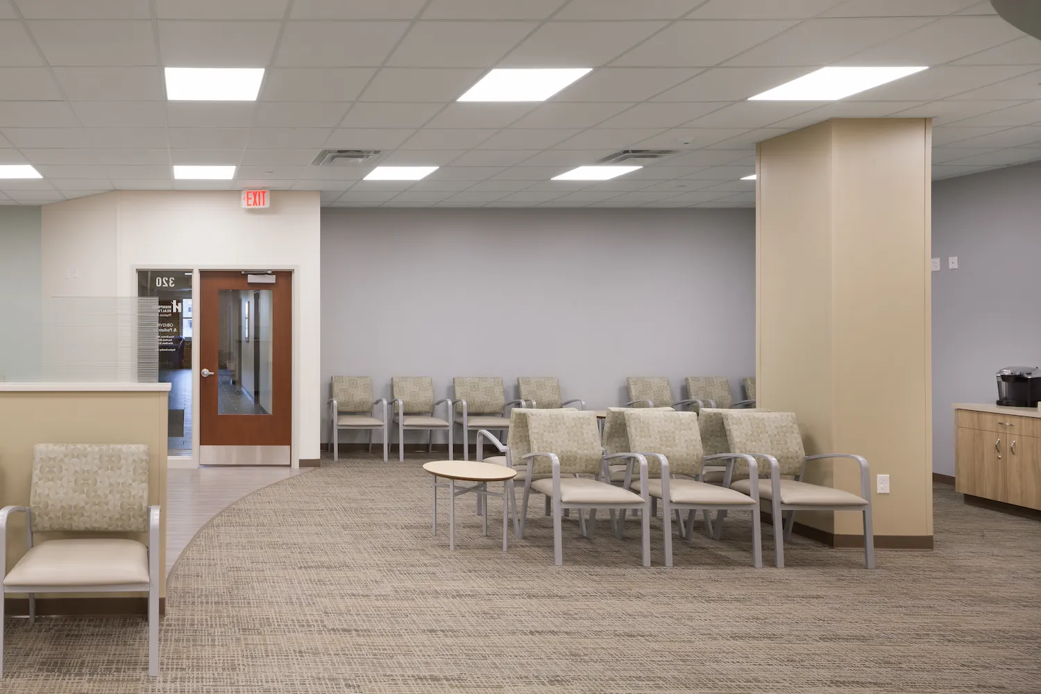 Reception area at St. Elizabeth OB/GYN and Pediatric Care in Lawrenceburg, renovated by Perry Contracting.