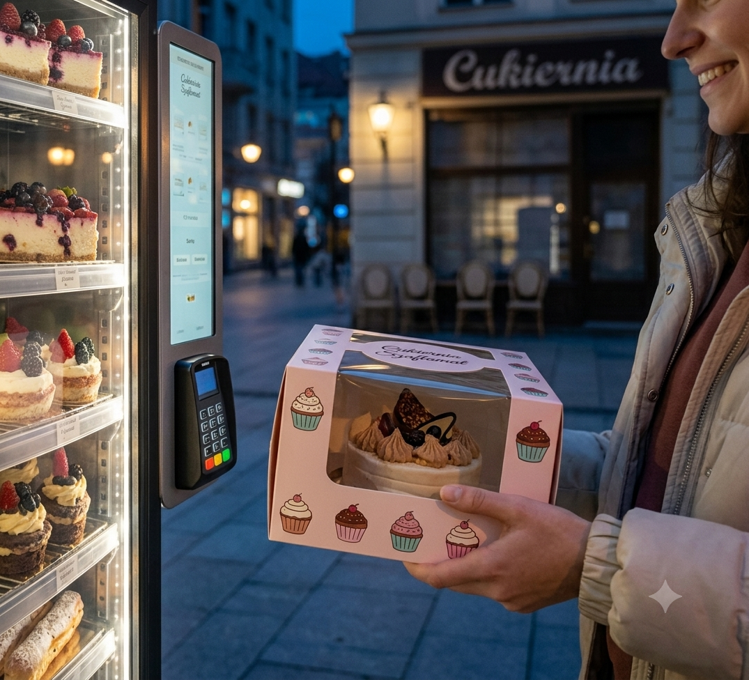 Kobieta kupująca deser z automatu, gdy cukiernia jest już zamknięta