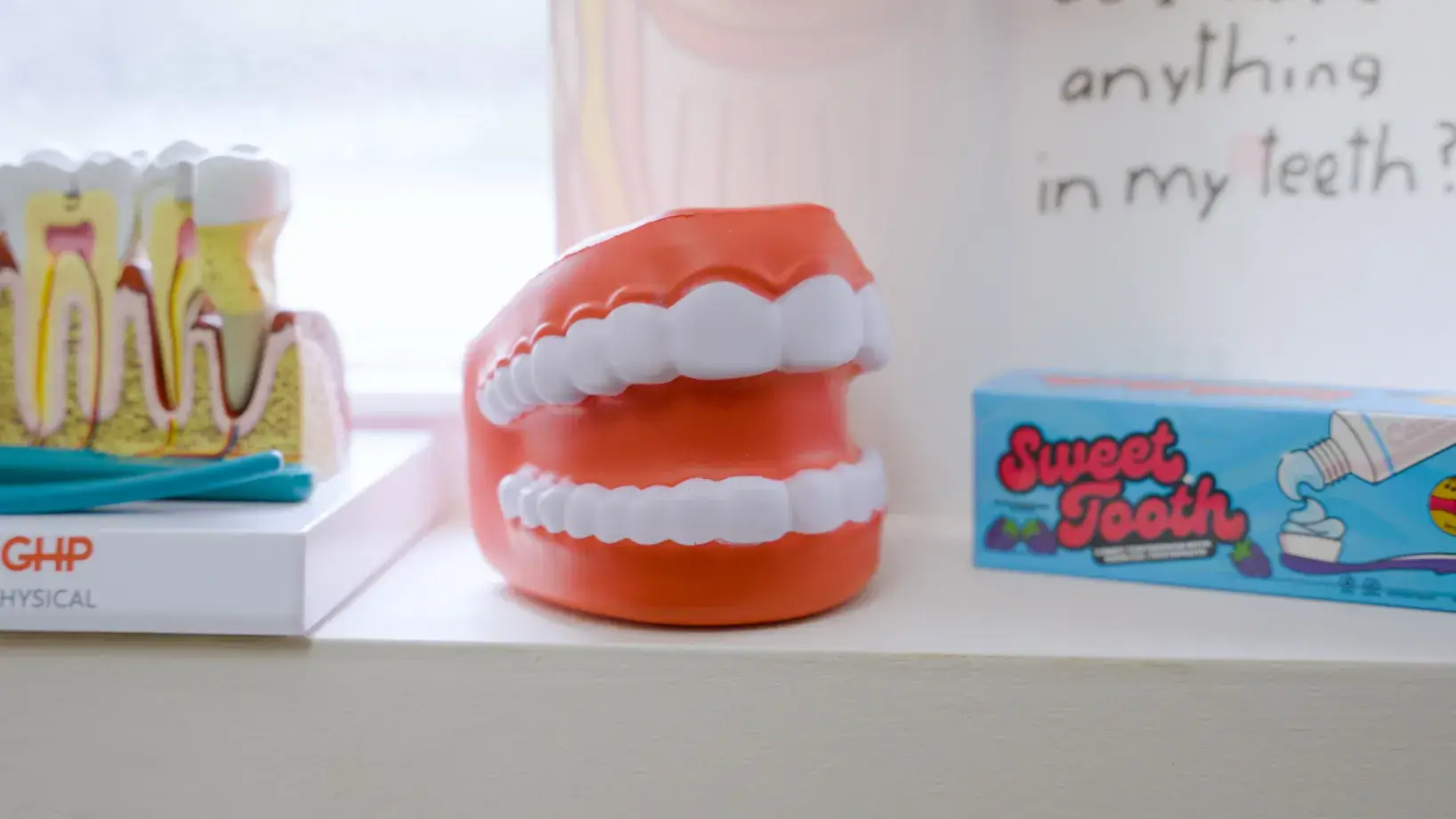 A dental model holds a toothbrush, with a toy alligator and a tooth model in the background.