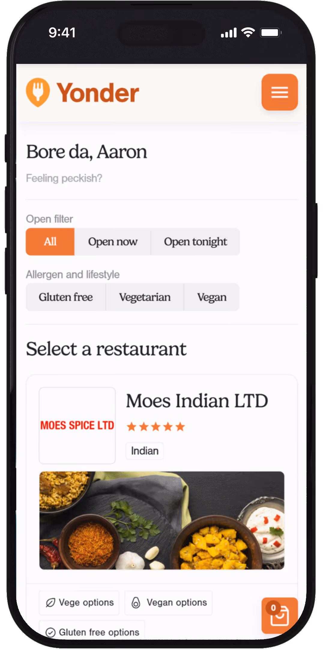 Mobile app screen showing Yonder restaurant selection with filters and an Indian restaurant called Moes Indian LTD.