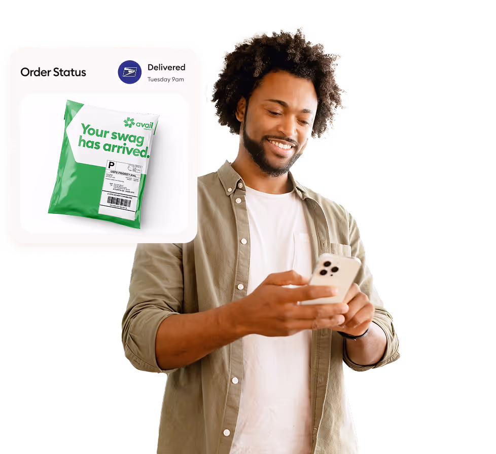 A man checking his phone for a swag delivery confirmation
