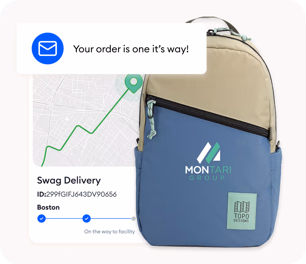 A branded backpack with a map UI element showing shipping status