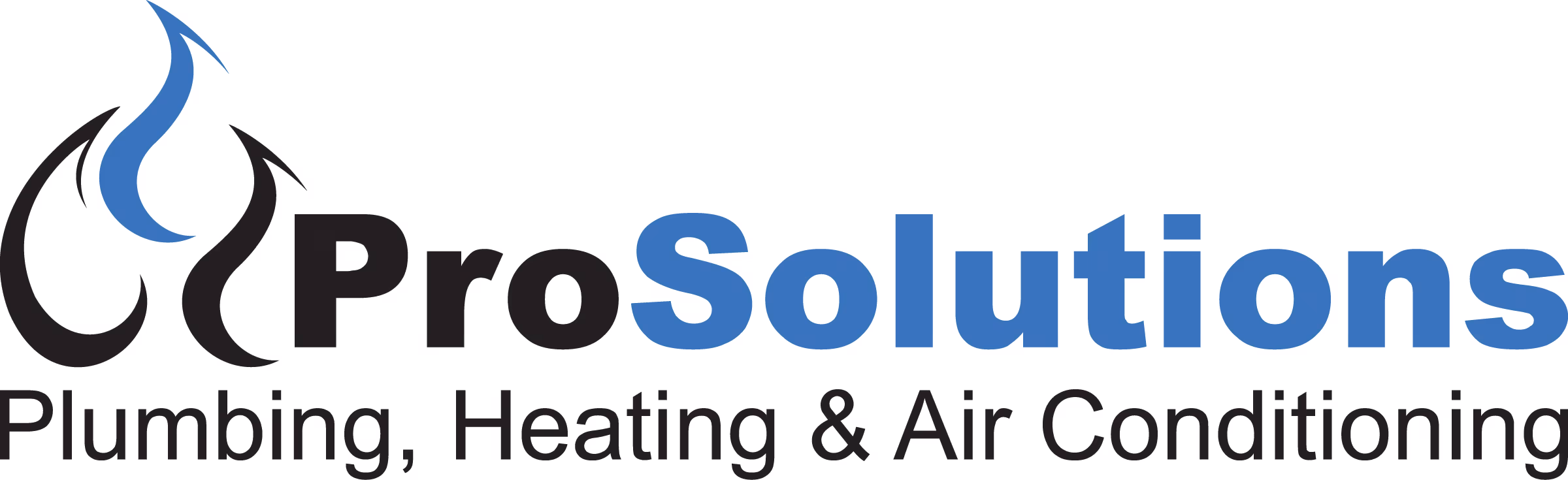 ProSolutions logo with blue flame icon and text Plumbing, Heating & Air Conditioning
