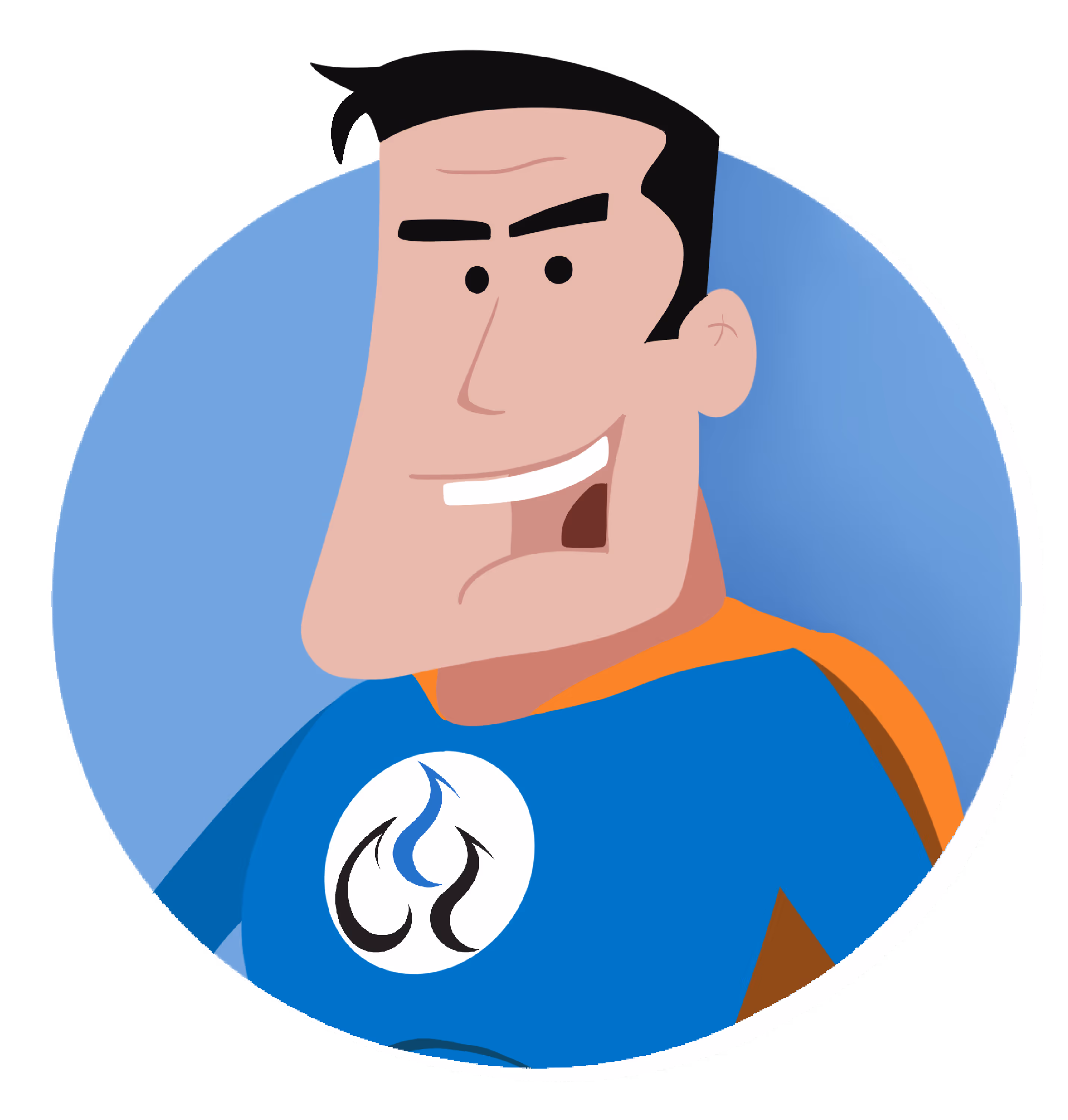 The ProSolutions mascot, SuperPro. A man with dark hair, holding a wrench, and crossing his arms. He wears a cape. 