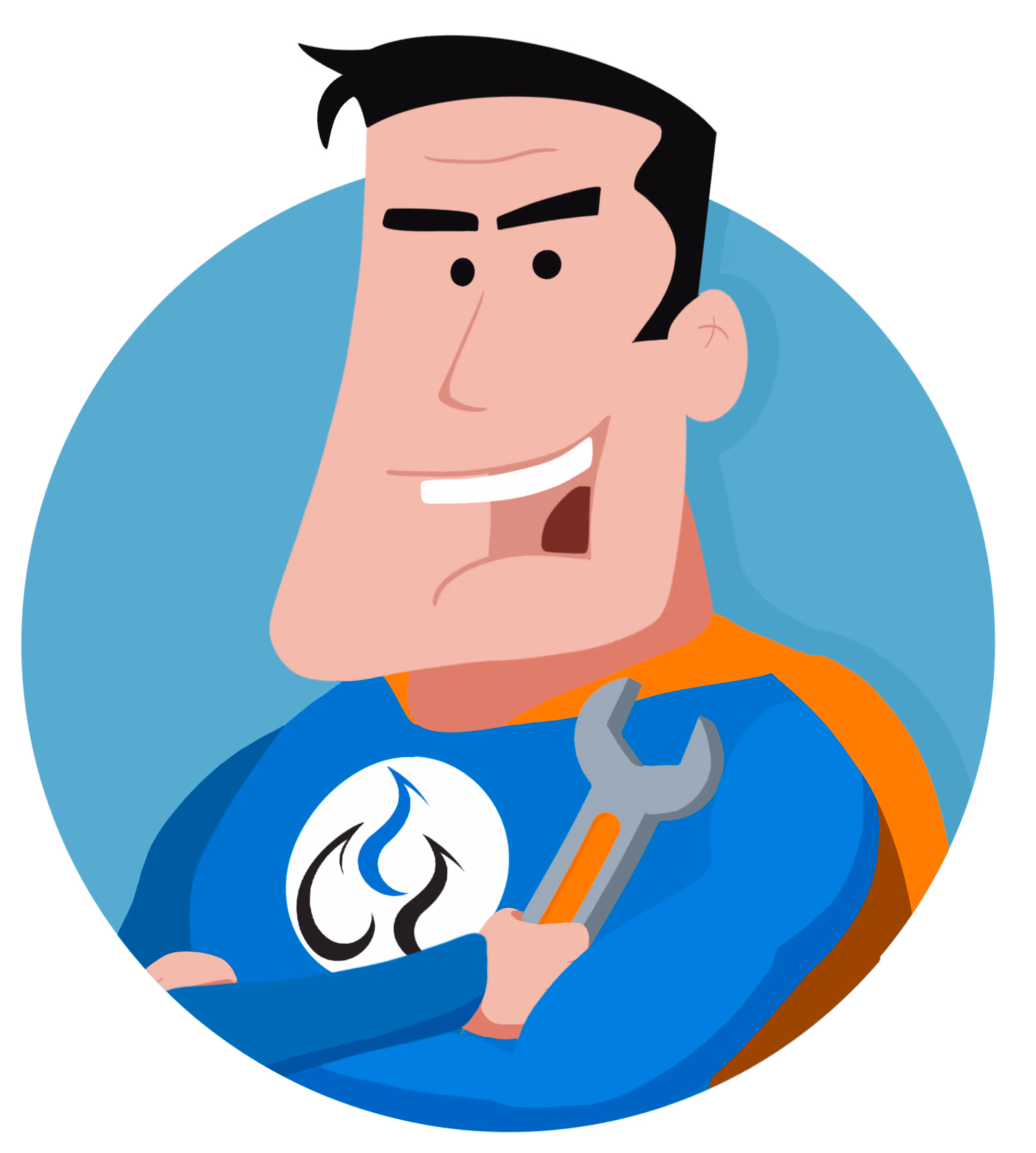 The ProSolutions mascot, SuperPro. A man with dark hair, holding a wrench, and crossing his arms. He wears a cape.