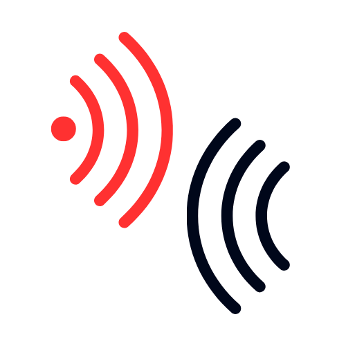 Two sets of curved lines resembling sound waves, one set in red and the other in black, facing each other on a white background.