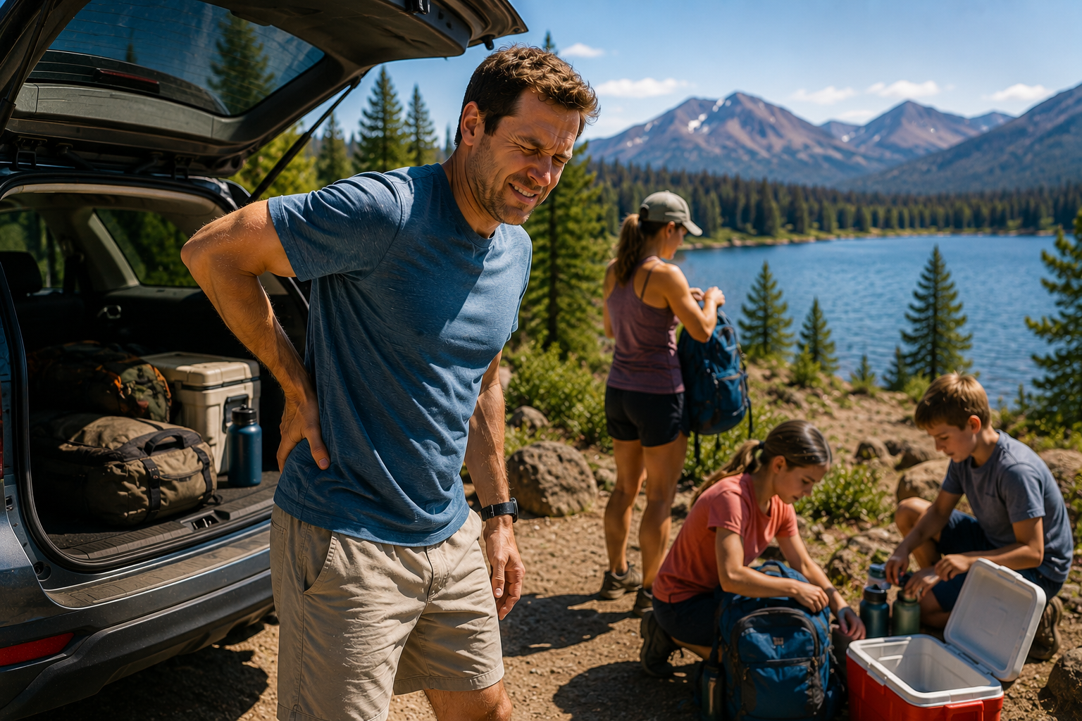 Man experiencing back pain while on an outdoor trip in Central Oregon
