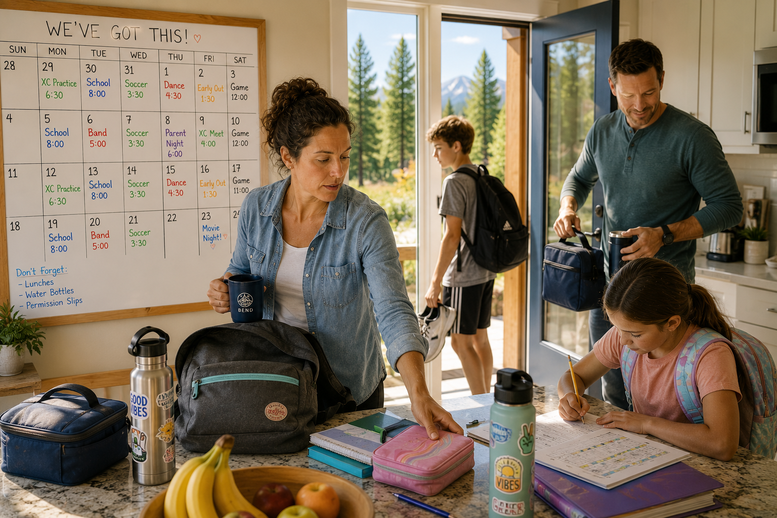 Family experiencing chaotic back-to-school morning