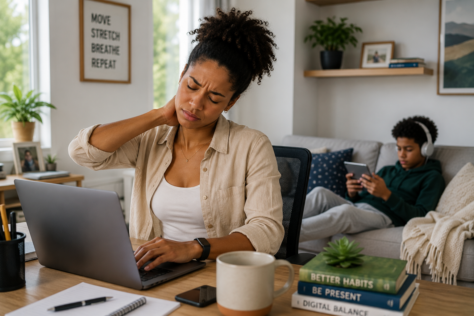 Woman suffering with aching neck after looking down at her laptop