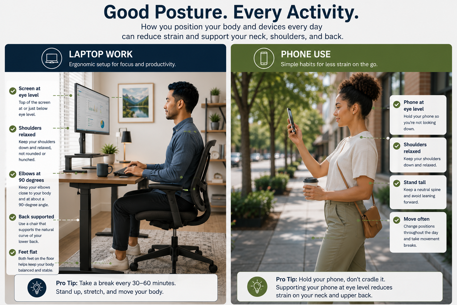 Information graphic illustrating good posture while looking at a computer or phone.