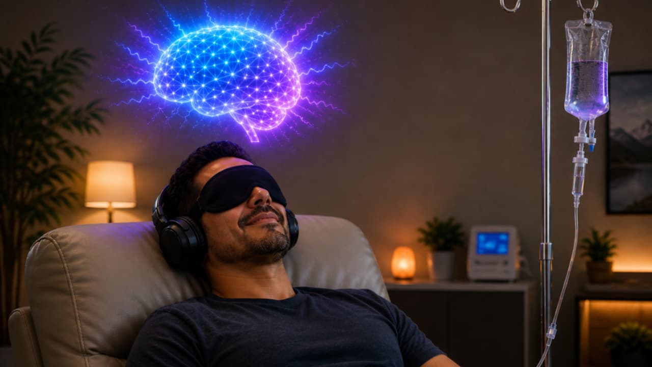 Man relaxing in a reclining chair during a ketamine session listening to Limitless mindset companion for ketamine therapy, wearing headphones and an eye mask with an IV drip beside him and a glowing illuminated brain graphic above his head.