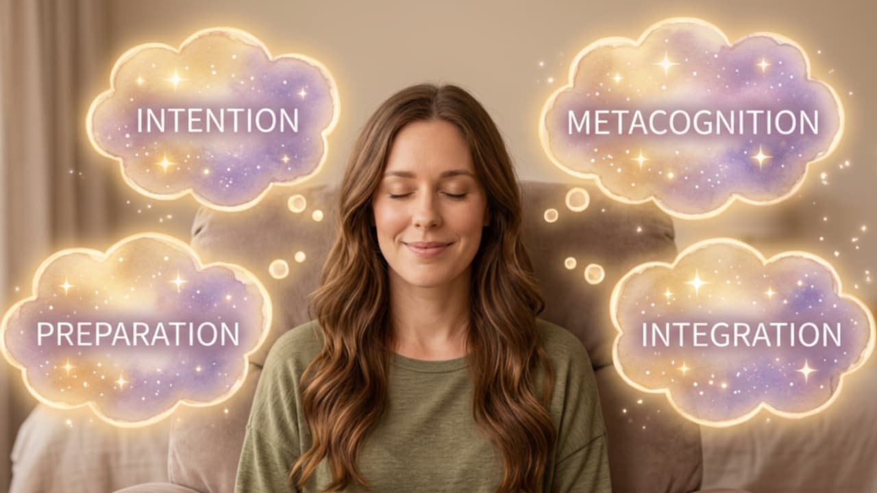 Woman with eyes closed in a calm state surrounded by glowing clouds representing intention, preparation, metacognition, and integration in the Limitless Ketamine Therapy Companion Membership