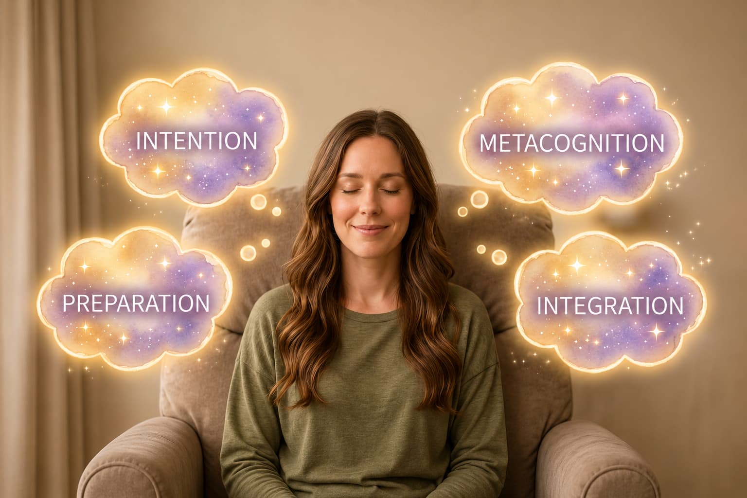 Woman with eyes closed in a calm state surrounded by glowing clouds representing intention, preparation, metacognition, and integration in the Limitless Ketamine Therapy Companion Membership