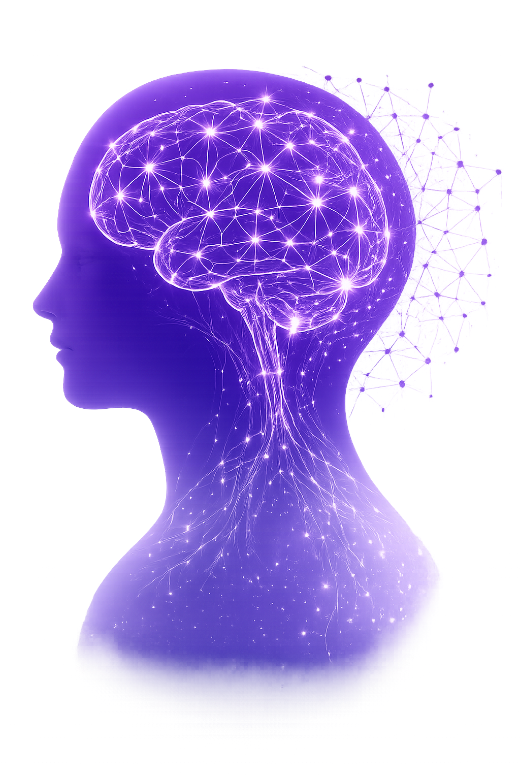 Purple silhouette of a human head containing a bright, interconnected neural network brain with glowing connection points and pathways.