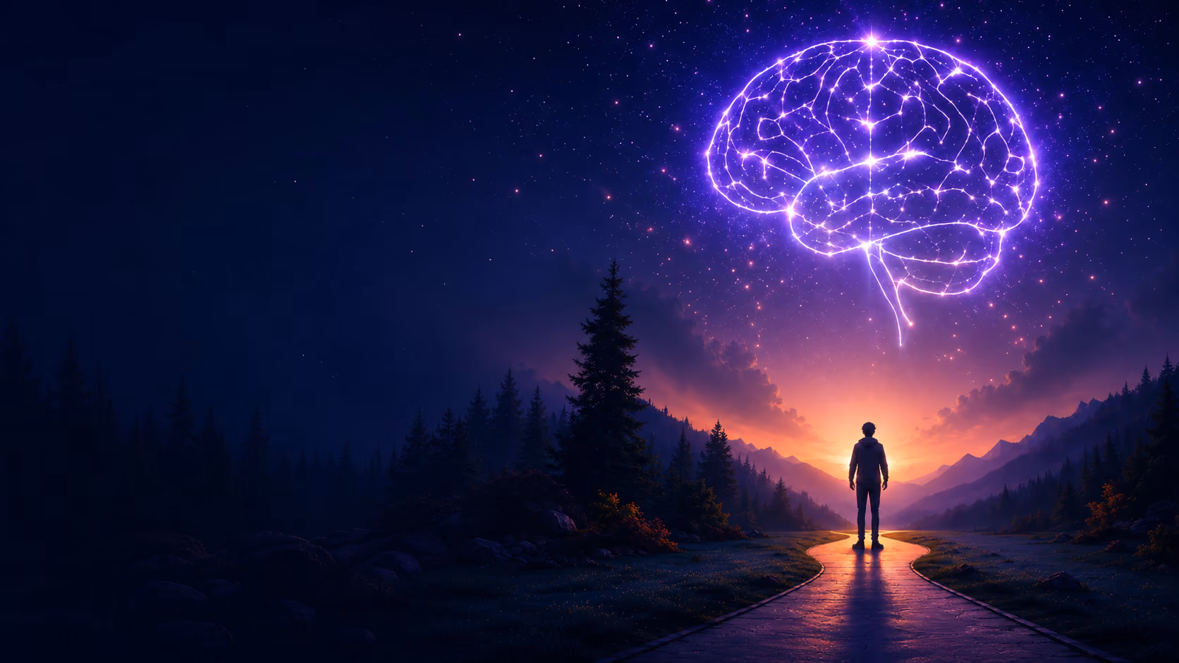 Person stands at sunset on a path in a forested valley under a glowing neural network brain in the sky.