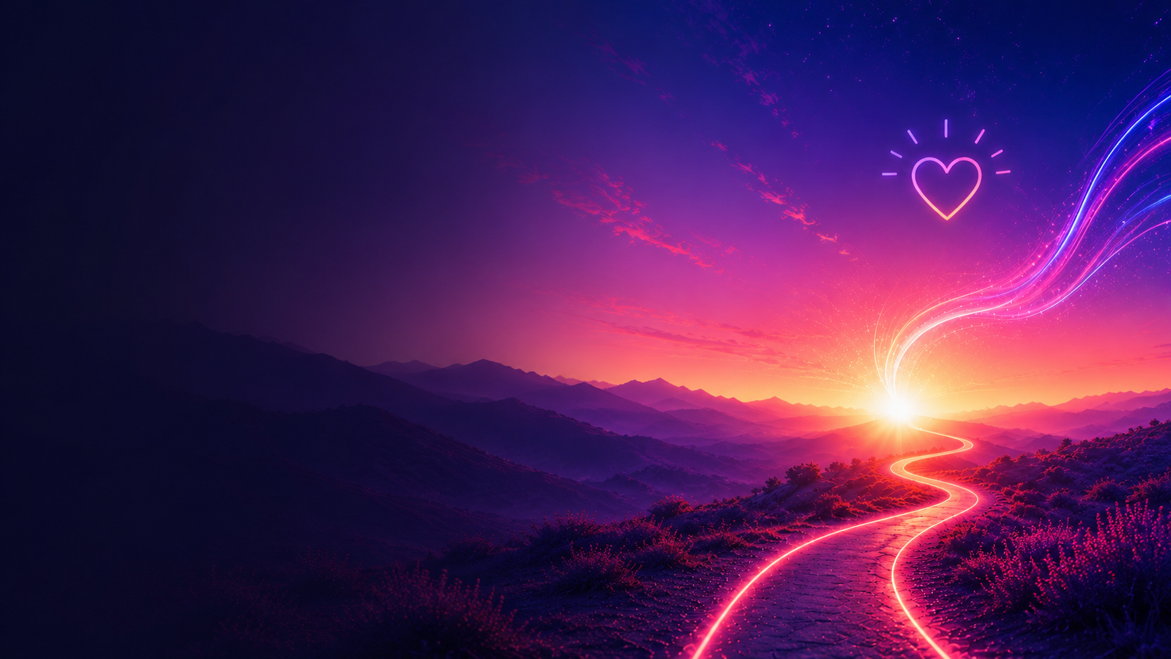 A glowing pink and purple path representing Limitless Ketamine Therapy Membership, that winds through hills toward a radiant sunset with a neon heart symbol above.