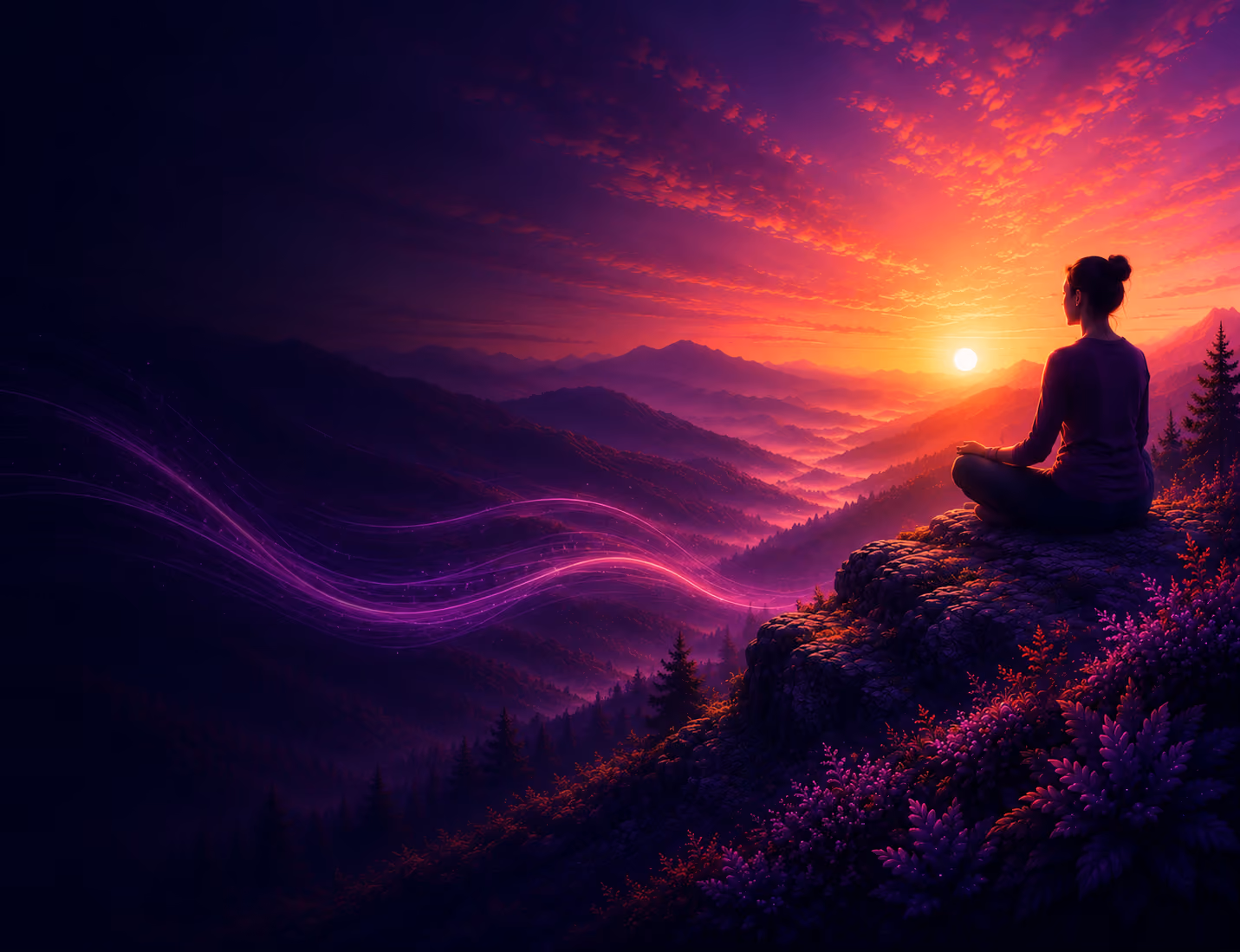 Person meditating using Limitless Ketamine Therapy app on rocky cliff at sunset with purple light waves over forested mountains.