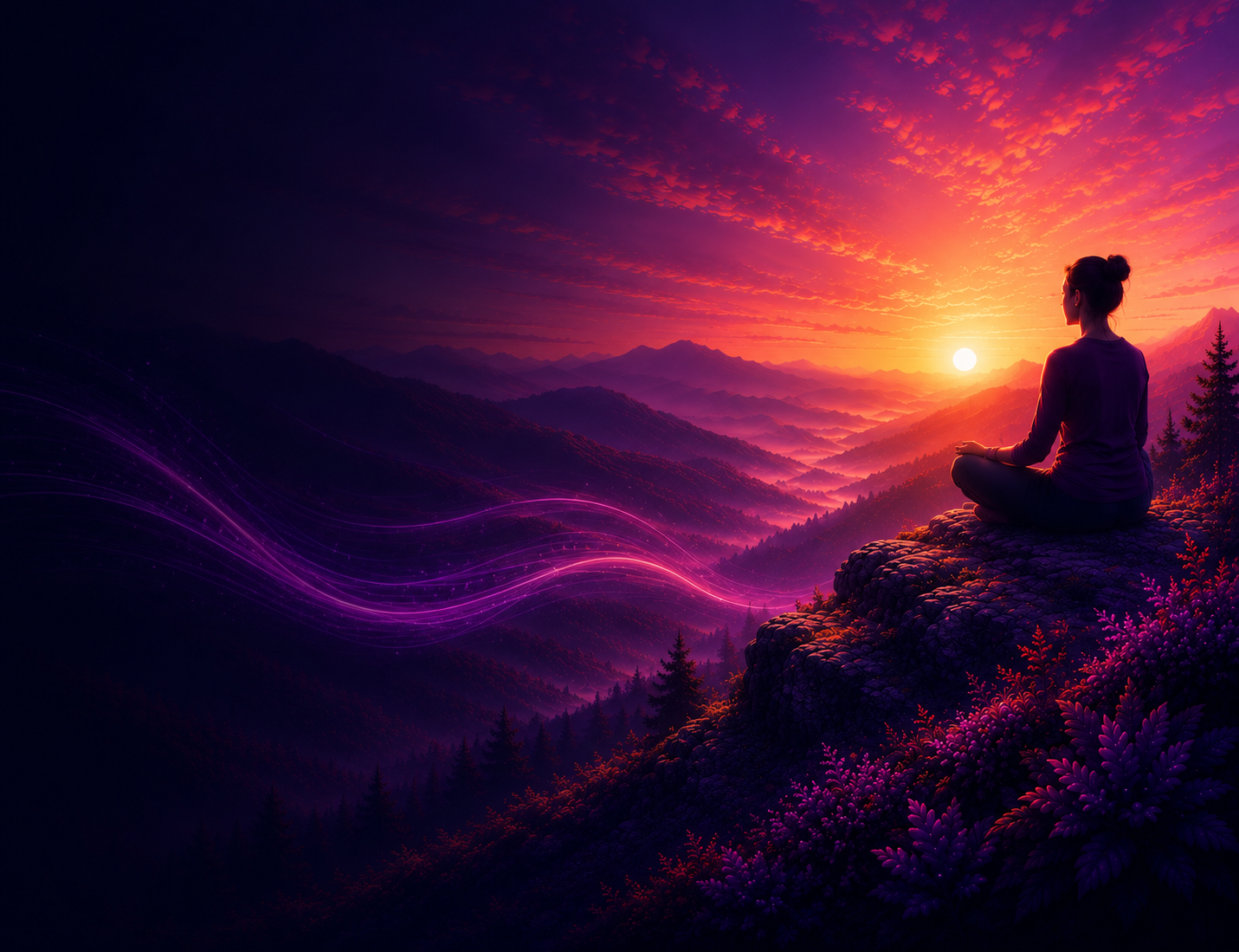 Person meditating using Limitless Ketamine Therapy app on rocky cliff at sunset with purple light waves over forested mountains.