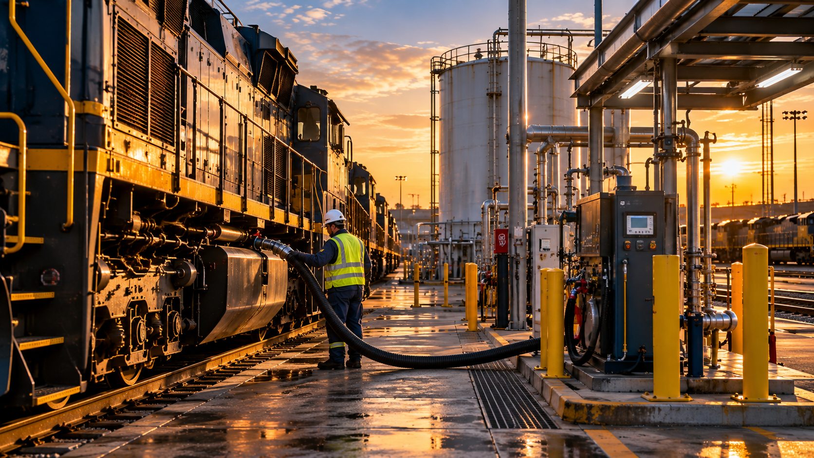 Locomotive being refueled at a rail facility at sunset