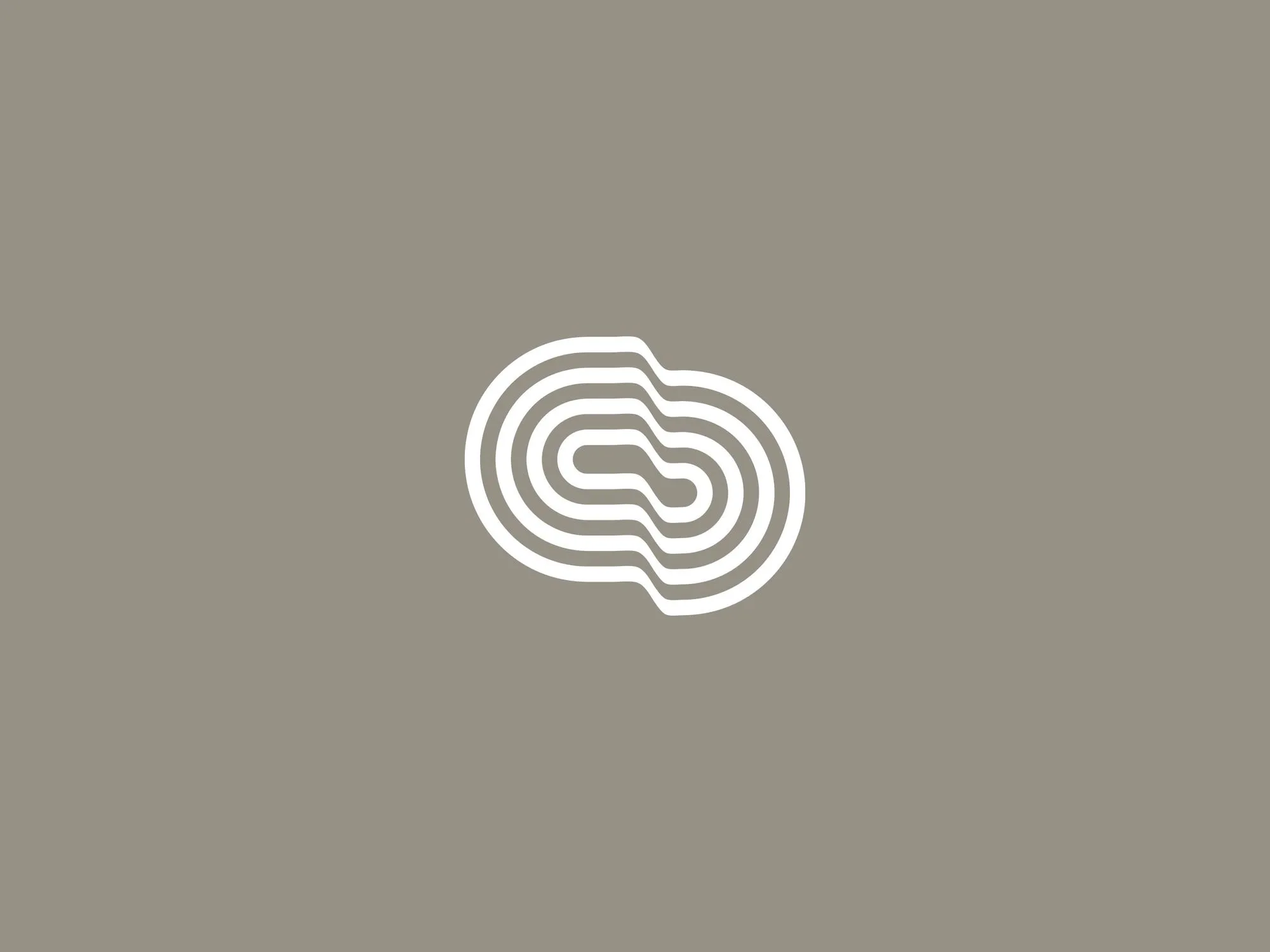 Abstract white geometric design with layered contours resembling waves or topographic lines, centered on a muted gray background. Calm and minimalist.