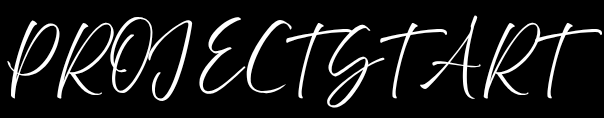 Handwritten white text on a black background reads "PROJECTSTART" in a casual cursive style, conveying a modern, creative tone.