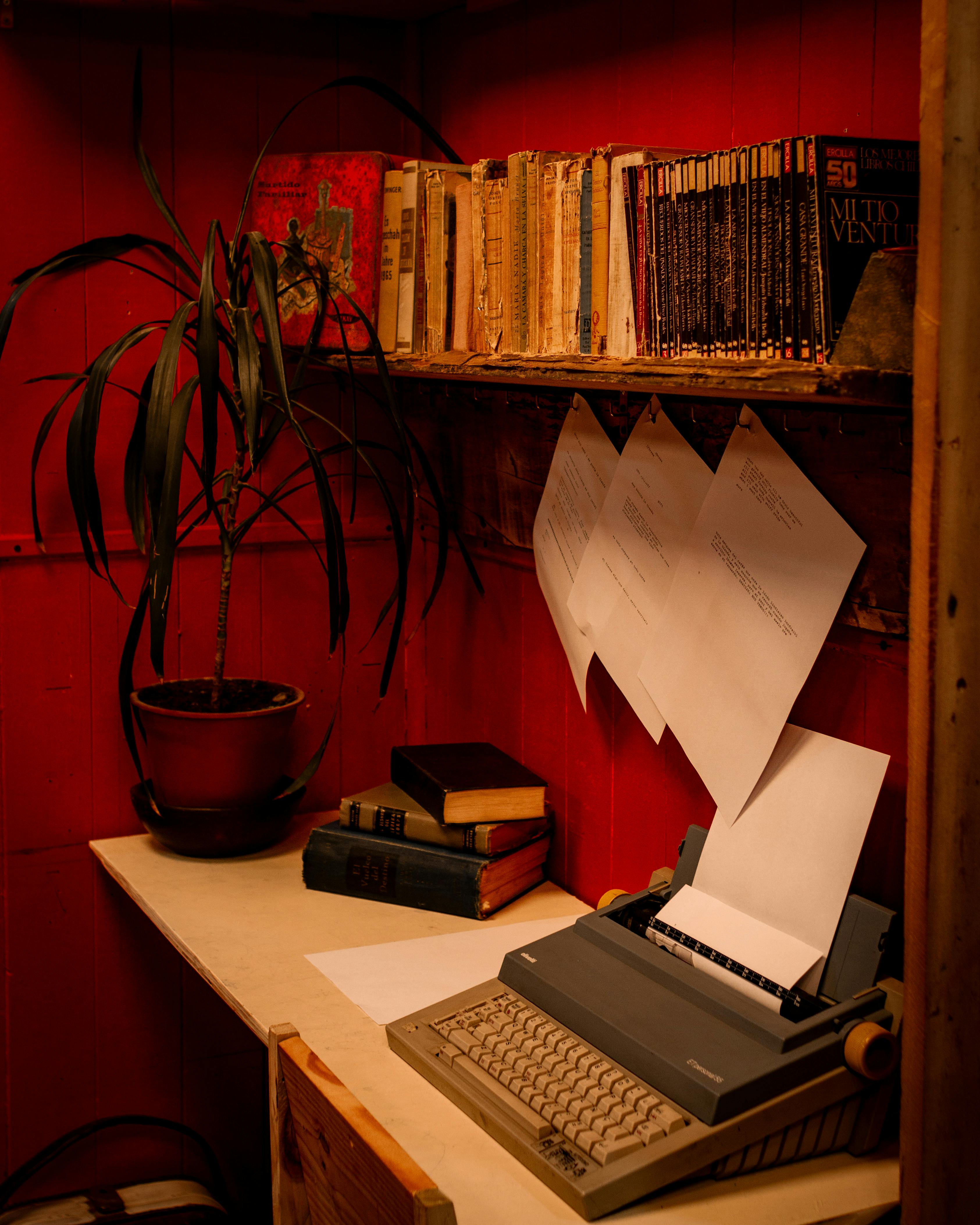Vintage study corner with a typewriter, sheets of paper, stacked old books, potted plant, and a wooden shelf filled with worn books against red walls.