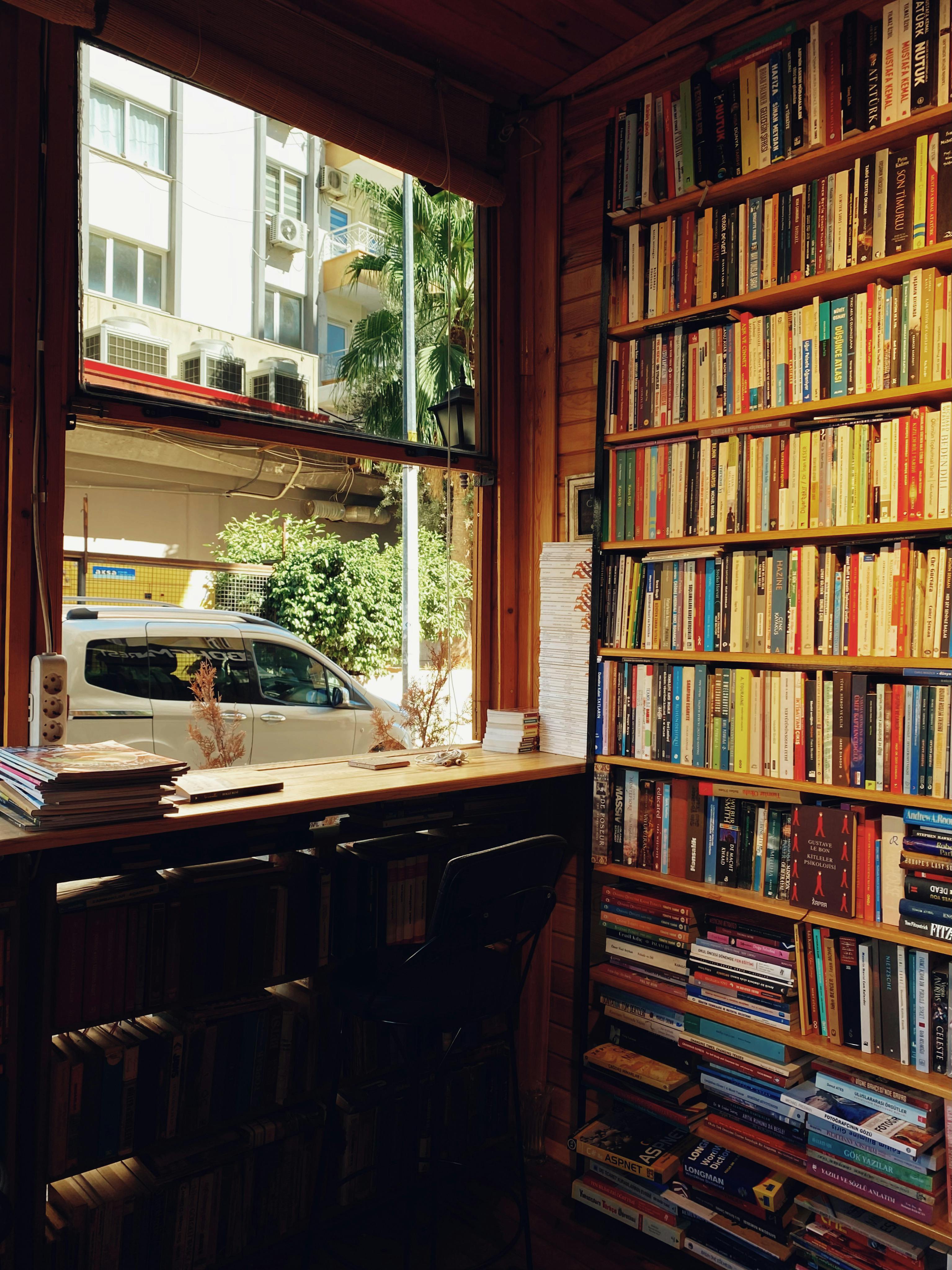 Outdoor bookcase filled with books, large "PROGRAMS" text overlaid. A bright blue "View More" button below. Calm, scholarly tone.