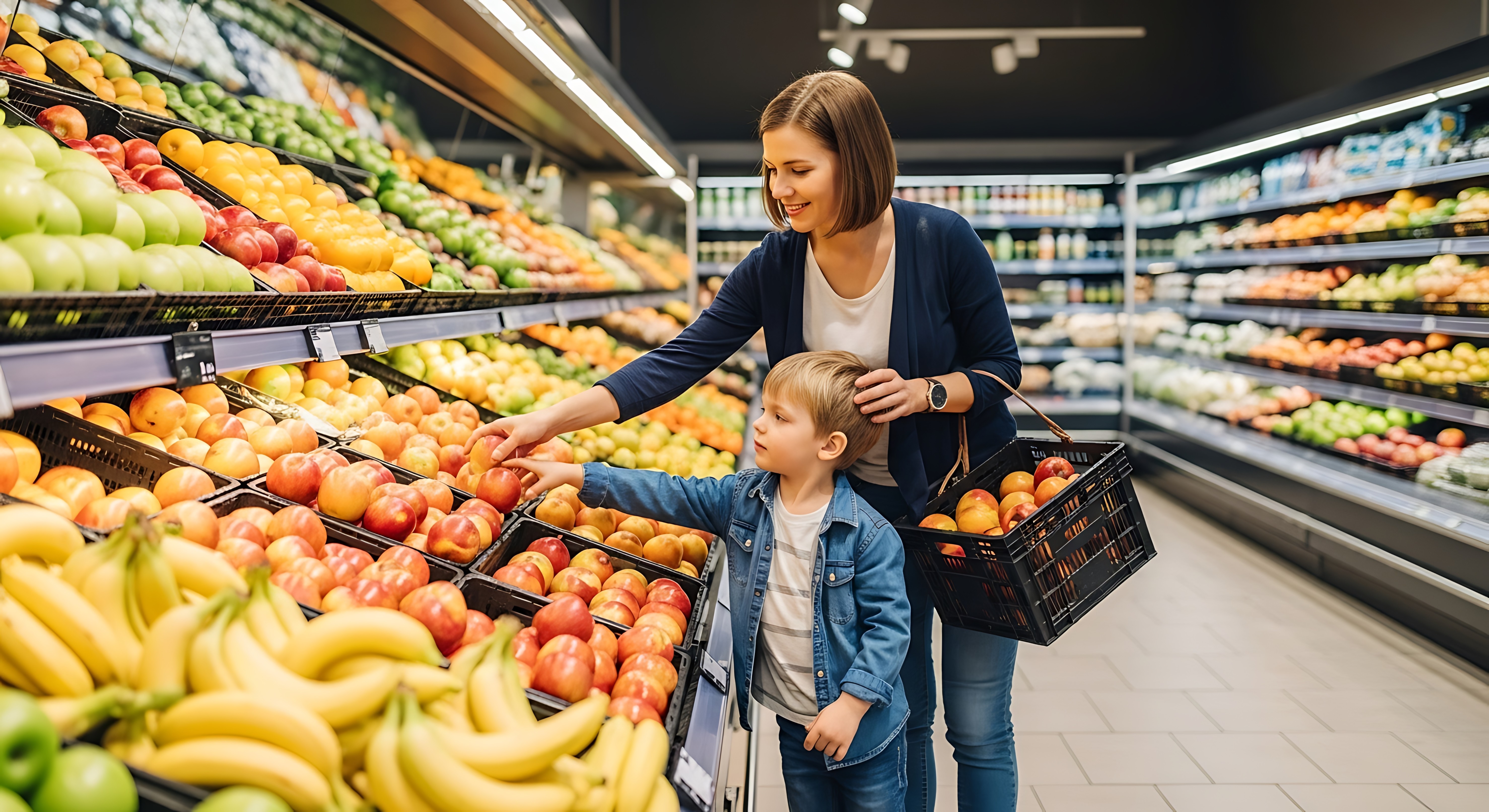 Woman in striped shirt selecting fresh vegetables in a supermarket produce aisle, holding a lettuce head and reaching for green onions.