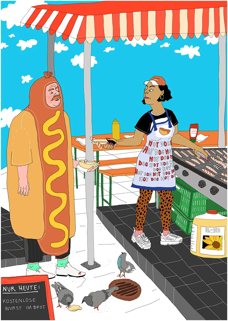 Comic einer Frau die HotDogs macht