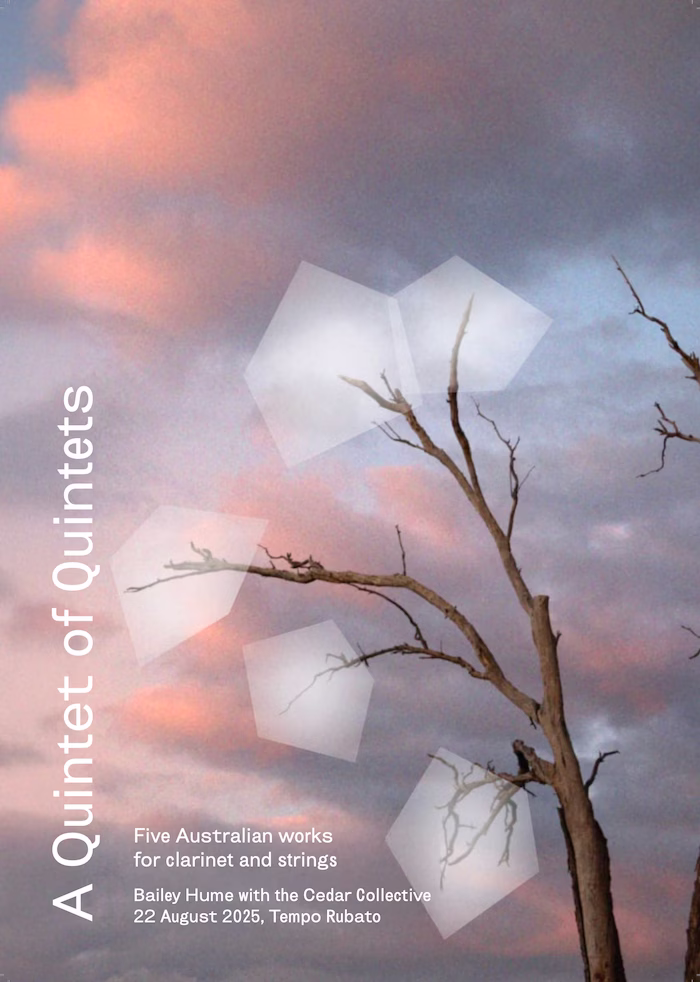 Poster with pink clouds and tree with 5 hexagon-like shapes as leaves. Text on poster says "A Quintet of Quintets"