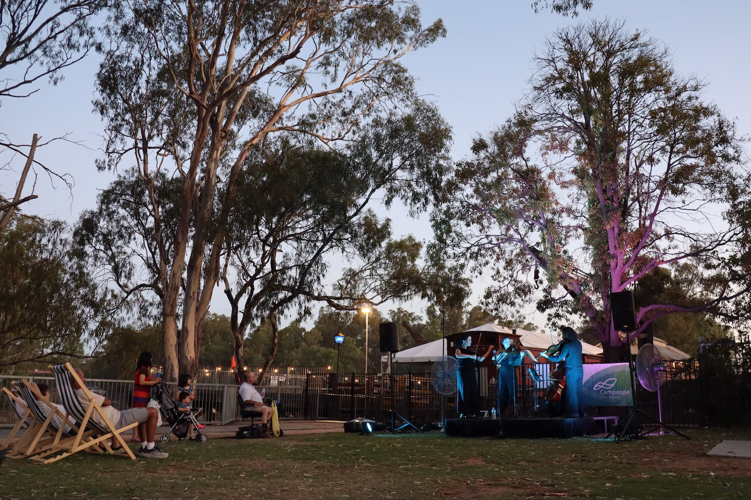 A small stage amongst the backdrop of gum trees along the Murray River.