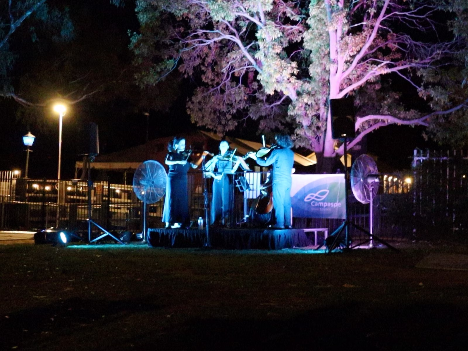 Musicians on a stage lit up by blue and pink lights. 