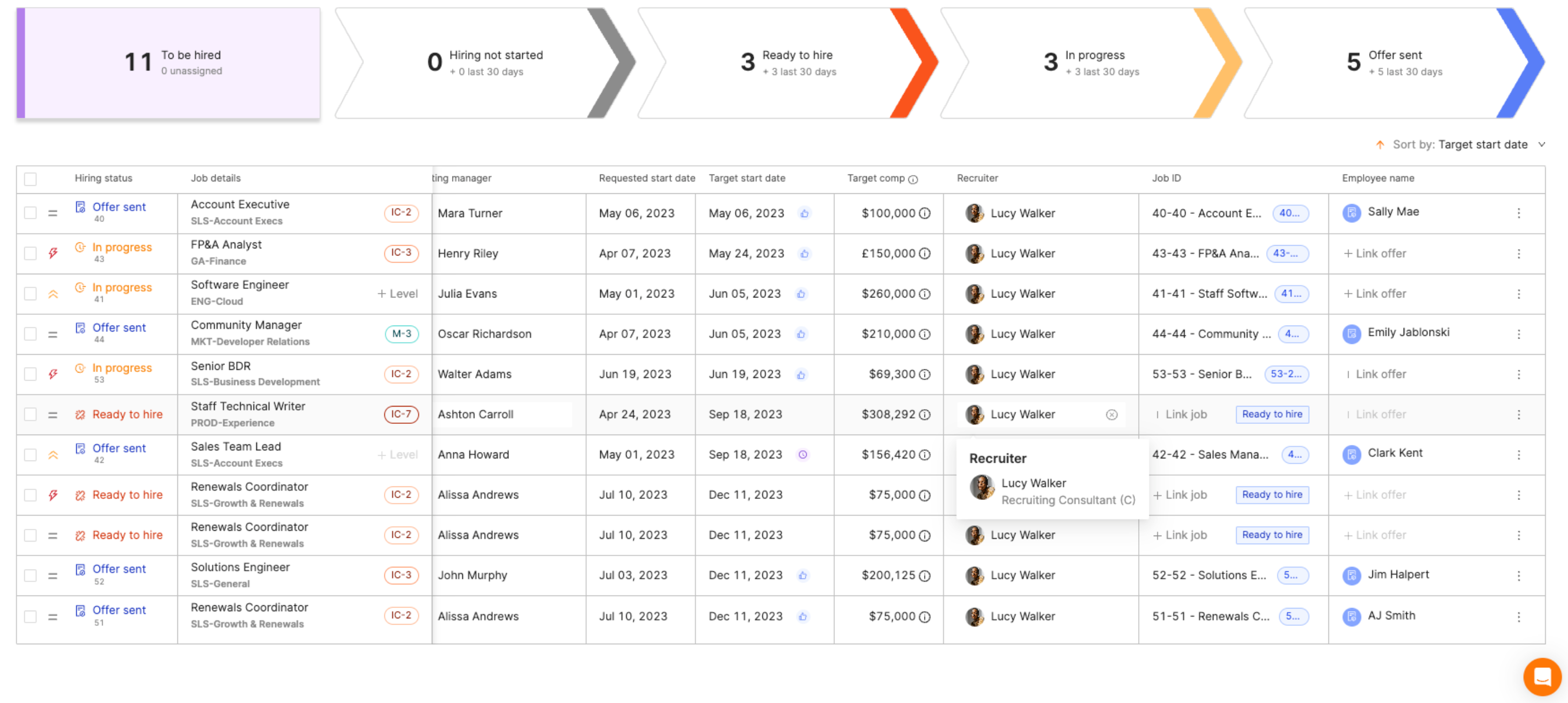 example of the hiring dashboard and recruiter workboard in teamohana