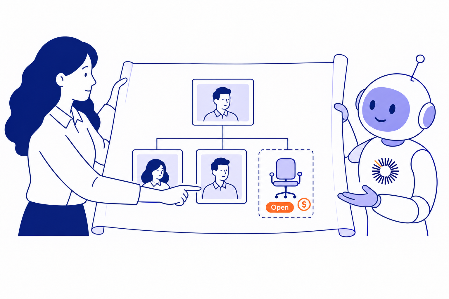 A People leader and robot review an org chart showing filled roles and an open, funded seat represented by an empty chair.
