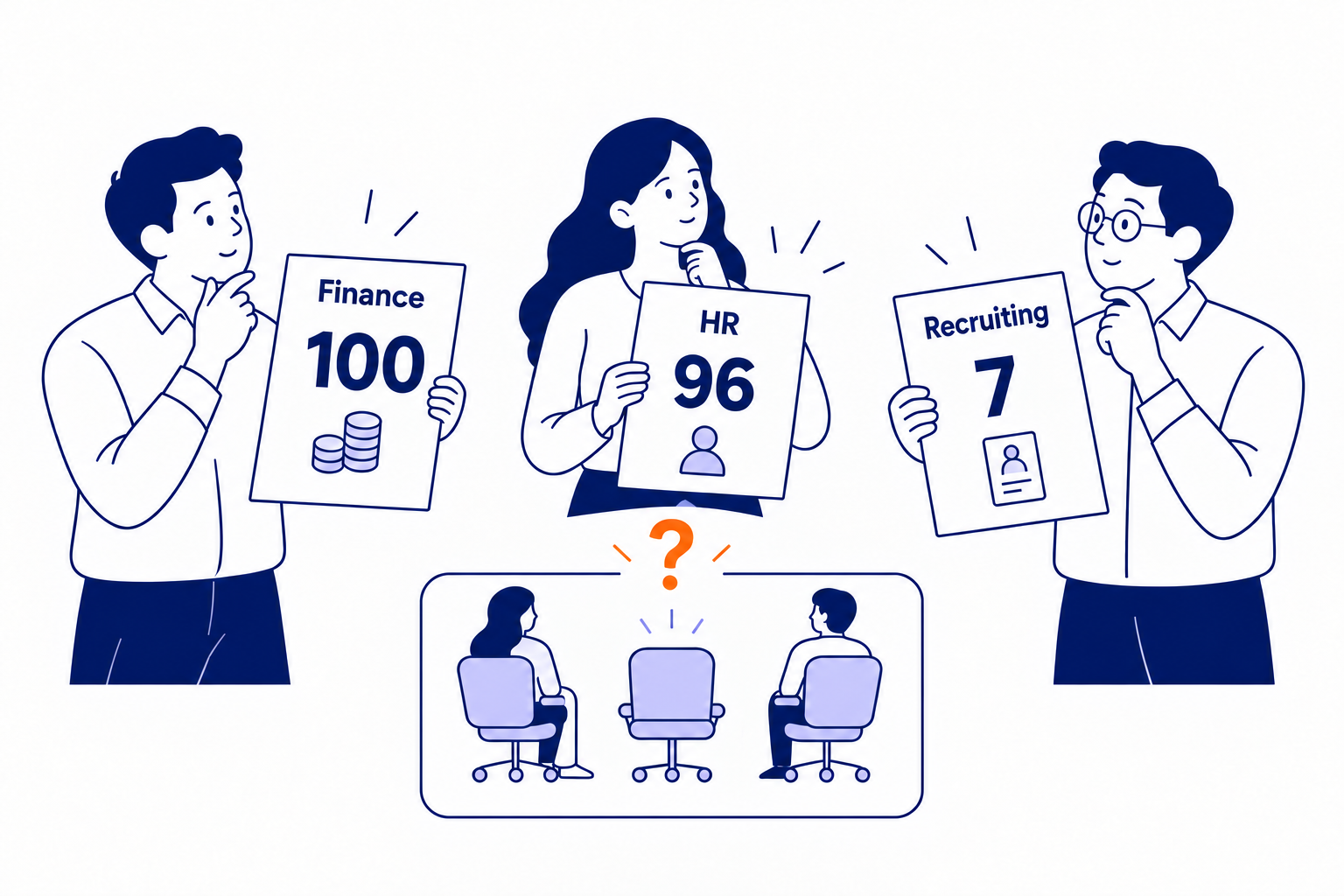 Finance, HR, and Recruiting compare different headcount numbers above a shared group of filled and open seats.