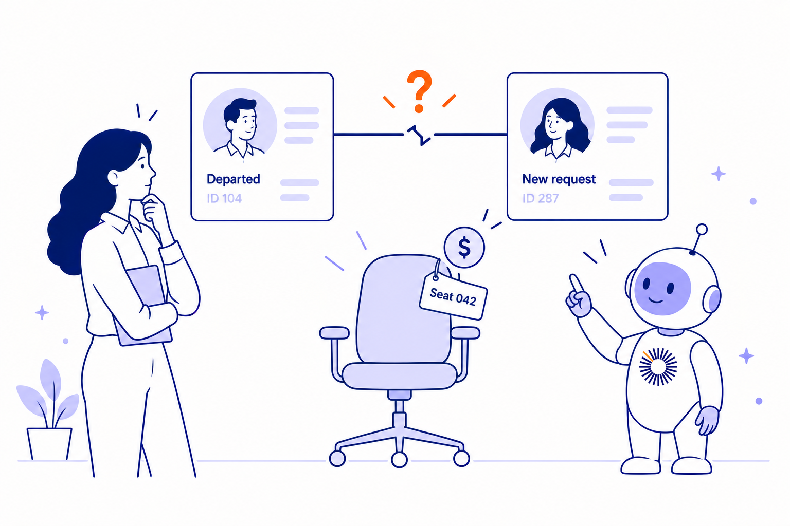A finance leader examines a broken link between a departed employee’s record and a new hiring request, above an empty funded seat.