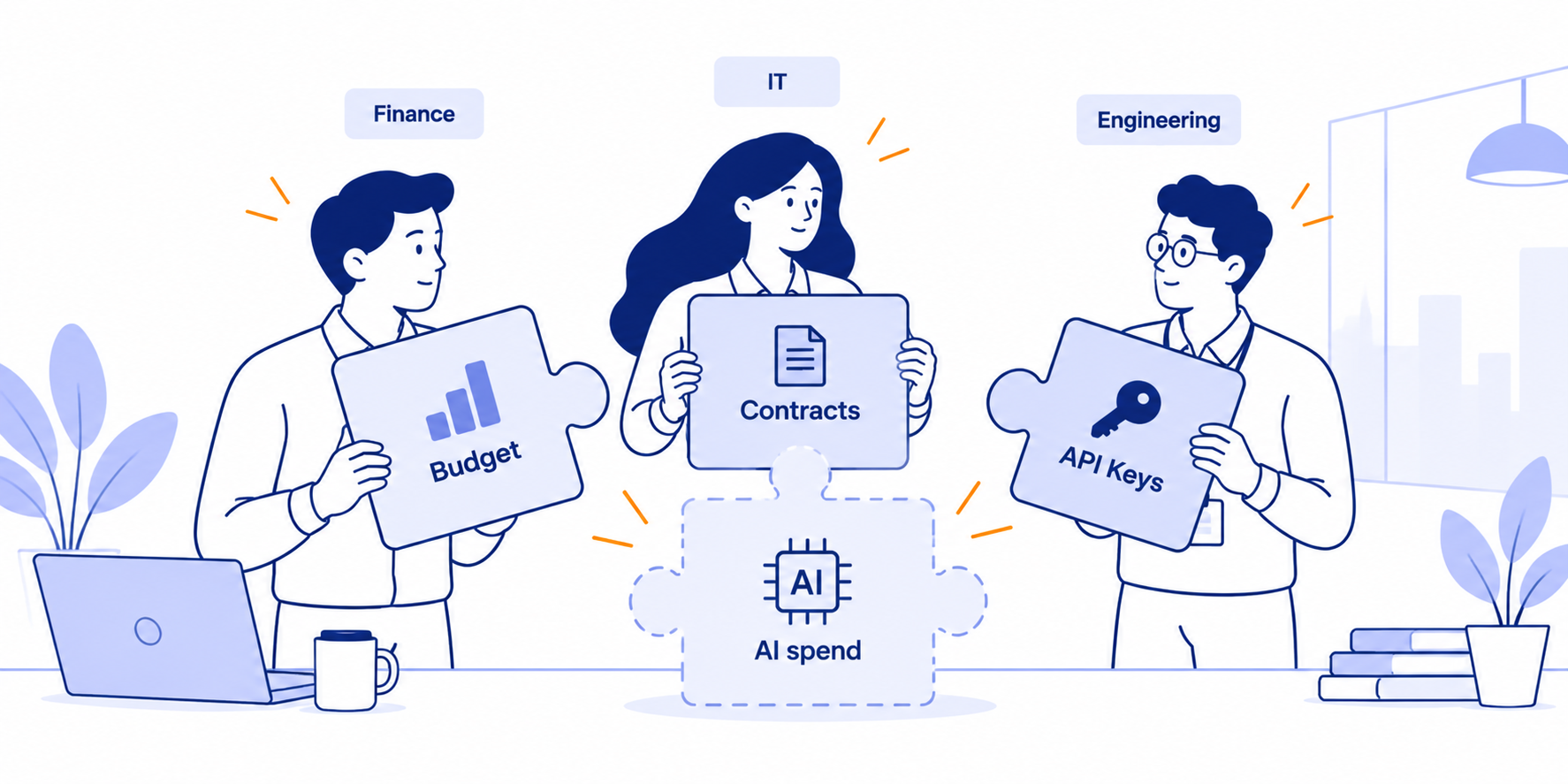 TeamOhana-style illustration of Finance, IT, and Engineering leaders holding separate puzzle pieces representing budgets, contracts, and API keys, with a missing AI spend piece illustrating fragmented ownership and accountability.