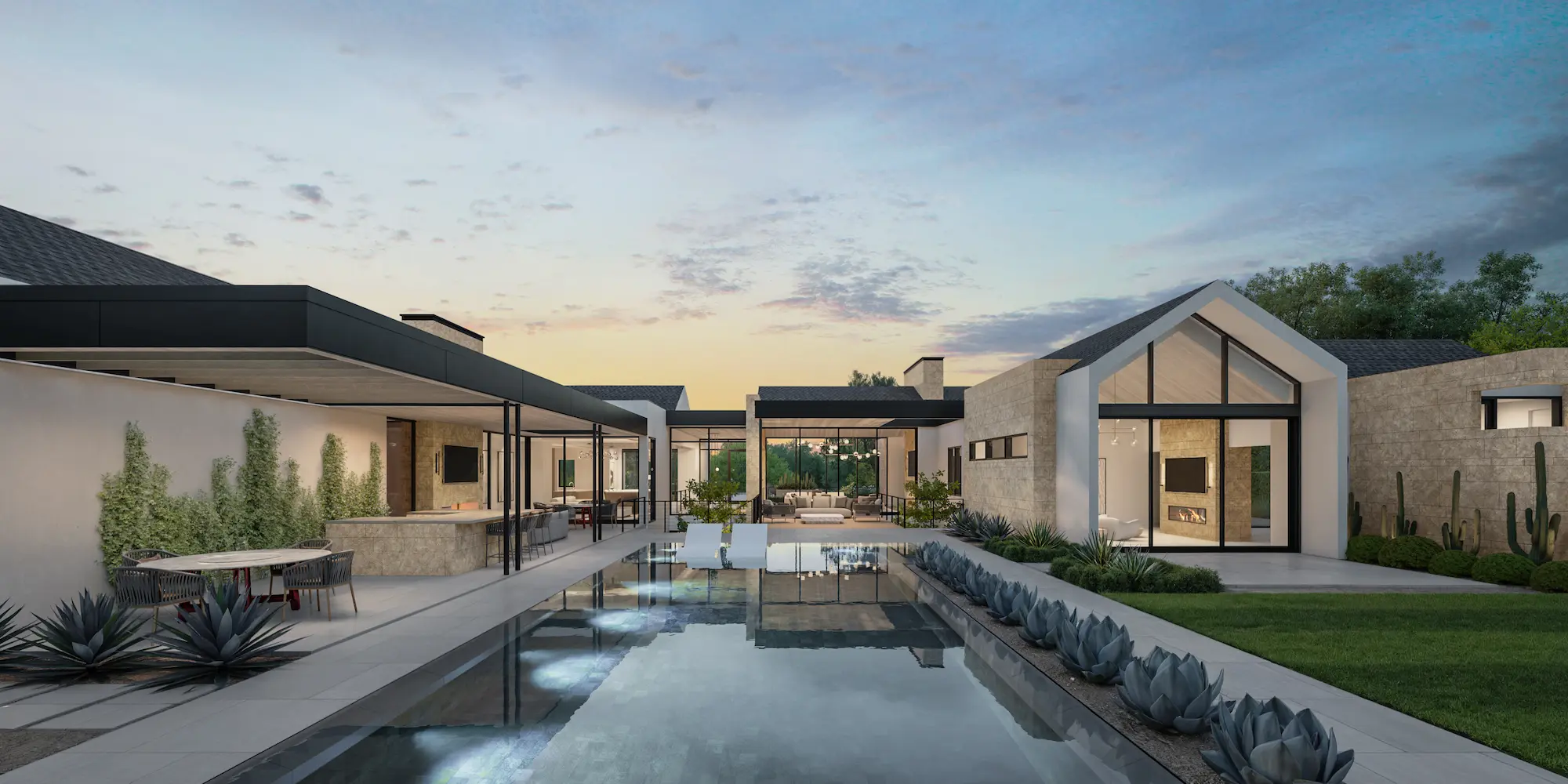 Modern luxury house exterior at dusk with a long rectangular pool, patio dining area, and large glass windows.