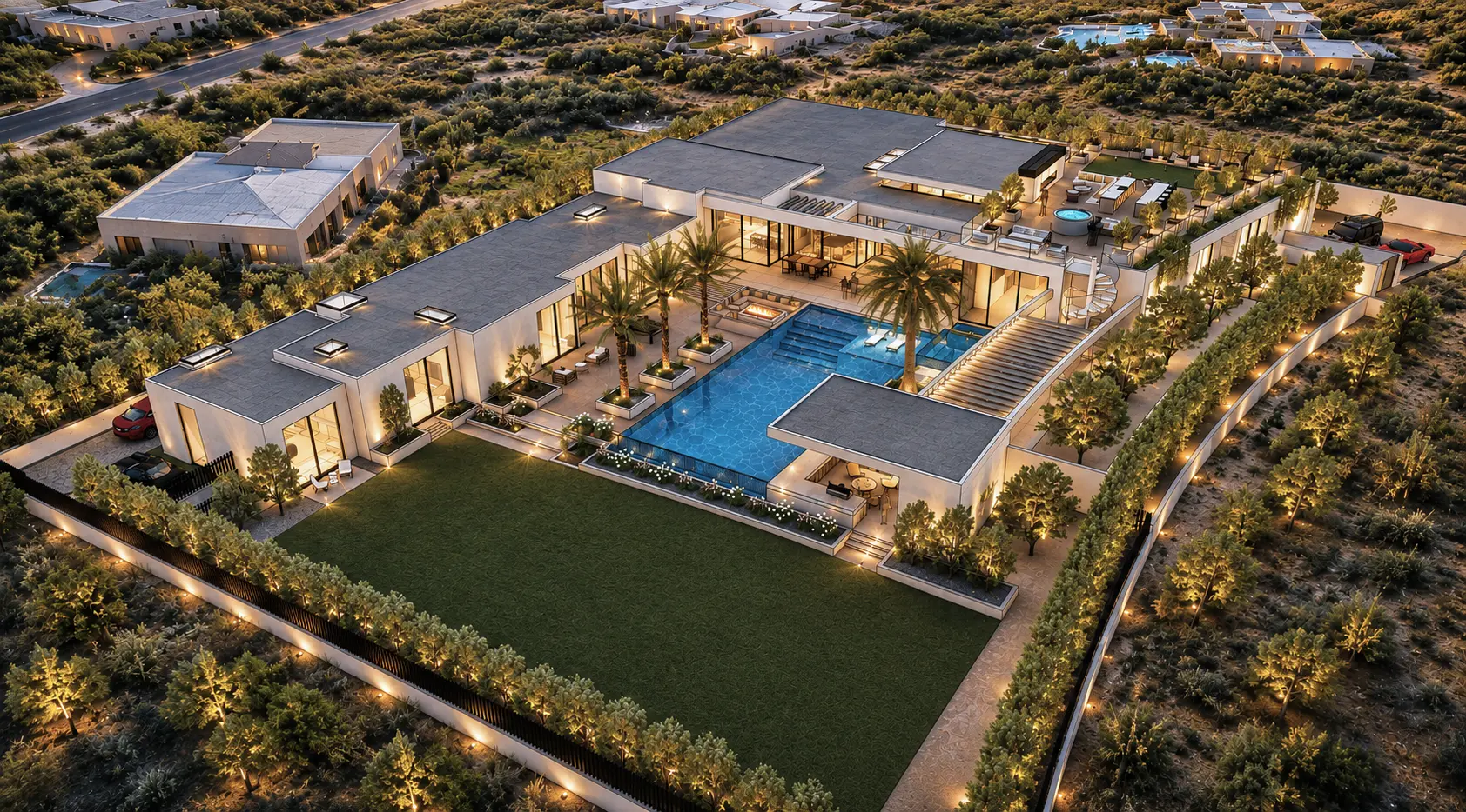 Modern luxury house with large glass windows, an infinity pool with water cascading over stone wall, lush landscaping, and mountain backdrop at dusk.