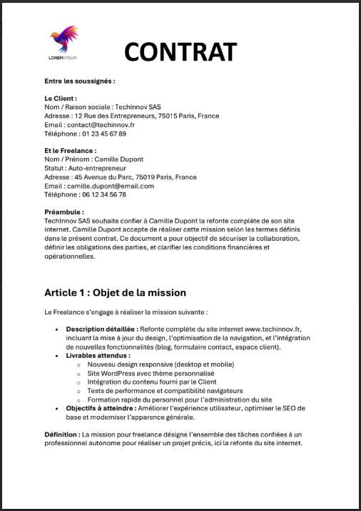 Exemple contrat developpeur web